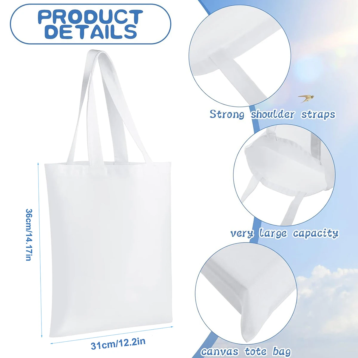 6pcs White Canvas Tote Bags, S - Tote Bag Sublimation avis et prix